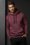 Unisex Kışlık Mürdüm Rengi Üç İplik Şardonlu Pamuklu Kalın Kapüşonlu Hoodie Sweatshirt
