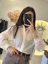 İnce Çizgili Düğmeli Oversize Gömlek Ekru