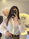 İnce Çizgili Düğmeli Oversize Gömlek Ekru