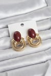 Pirinç Gold Renk Bordo Taşlı Vintage Kadın Küpe