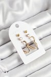 Pirinç Zirkon Taş Ve Kalp Figürlü Gold Renk 3'lü Çift Kadın Küpe Set