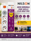 NİLSON Akım Korumalı USB Şarjlı 3'lü Grup Priz (1.5 Metre Kablolu / 5V - 2.4A Çift USB Portlu)
