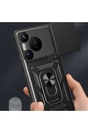 Huawei Pura 70 Pro 5G Kılıf Magnetik Standlı Kamera Korumalı NVTH Sürgülü Vega Kapak - Siyah