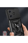 Tecno Spark 10 4G Kılıf Magnetik Standlı Kamera Korumalı NVTH Sürgülü Vega Kapak - Siyah
