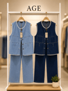 Kadın Şerit Detaylı Denim Yelek Pantolon Takım - 5'li Seri
