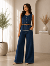 Kadın Şerit Detaylı Denim Yelek Pantolon Takım - 5'li Seri