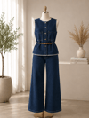Kadın Şerit Detaylı Denim Yelek Pantolon Takım - 5'li Seri
