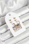 Pirinç Zirkon Taş Ve Kalp Figürlü Gold Renk 3'lü Çift Kadın Küpe Set