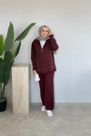 Kapüşonlu Taşlı Triko Takım | Bordo
