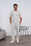 Erkek Yazlık Bej Eşofman Takımı Oversize Tişört Lastikli Bağcıklı Baggy Pantolon