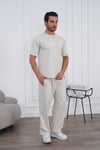Erkek Yazlık Bej Eşofman Takımı Oversize Tişört Lastikli Bağcıklı Baggy Pantolon