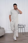 Erkek Yazlık Bej Eşofman Takımı Oversize Tişört Lastikli Bağcıklı Baggy Pantolon