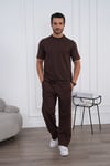 Erkek Yazlık Kahverengi Eşofman Takımı Oversize Tişört Lastikli Bağcıklı Baggy Pantolon