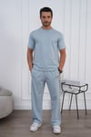 Erkek Yazlık Mavi Eşofman Takımı Oversize Tişört Lastikli Bağcıklı Baggy Pantolon