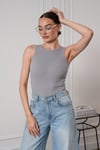 Kadın Fitilli Görünümlü Bisiklet Yaka Basic  Bluz Atlet Gri