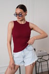 Kadın Fitilli Görünümlü Bisiklet Yaka Basic  Bluz Atlet Bordo