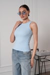 Kadın Fitilli Görünümlü Bisiklet Yaka Basic  Bluz Atlet Mavi