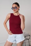 Kadın Fitilli Görünümlü Bisiklet Yaka Basic  Bluz Atlet Bordo