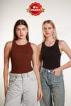2Li Kadın Fitilli Halter Yaka T-shirt  Örme Atlet 2LiPaket