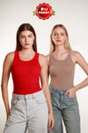 2Li Kadın Fitilli Halter Yaka T-shirt  Örme Atlet 2LiPaket