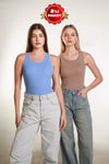 2Li Kadın Fitilli Halter Yaka T-shirt  Örme Atlet 2LiPaket