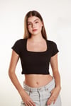 Kadın Fitilli Crop Kare yaka Fitilli Kısa Kollu T-shirt Atlet