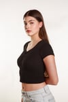 Kadın Fitted Crop Ön Yaka Bözgülü Fitilli Kollu Tshirt Atlet Bluz