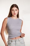 Kadın Gri Fitilli Likralı Sıfır Kol Bisiklet Yaka Örme Atlet Tshirt Bluz