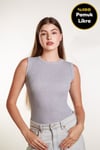 Kadın Gri Fitilli Likralı Sıfır Kol Bisiklet Yaka Örme Atlet Tshirt Bluz
