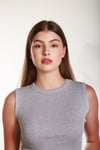 Kadın Gri Fitilli Likralı Sıfır Kol Bisiklet Yaka Örme Atlet Tshirt Bluz