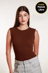 Kadın Kahverengi Fitilli Likralı Sıfır Kol Bisiklet Yaka Örme Atlet Tshirt Bluz