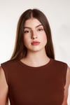 Kadın Kahverengi Fitilli Likralı Sıfır Kol Bisiklet Yaka Örme Atlet Tshirt Bluz
