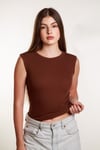 Kadın Kahverengi Fitilli Likralı Sıfır Kol Bisiklet Yaka Örme Atlet Tshirt Bluz