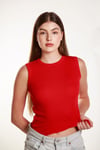 Kadın Kırmızı Fitilli Likralı Sıfır Kol Bisiklet Yaka Örme Atlet Tshirt Bluz