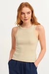 Kadın Krem Fitilli T-shirt Halter Yaka Örme Atlet