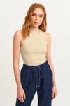 Kadın Krem Fitilli T-shirt Halter Yaka Örme Atlet