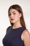 Kadın Lacivert Fitilli Likralı Sıfır Kol Bisiklet Yaka Örme Atlet Tshirt Bluz