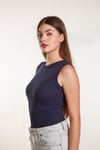 Kadın Lacivert Fitilli Likralı Sıfır Kol Bisiklet Yaka Örme Atlet Tshirt Bluz