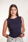 Kadın Lacivert Fitilli Likralı Sıfır Kol Bisiklet Yaka Örme Atlet Tshirt Bluz