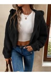 Kadın Peluş Crop Fitted Kapşonlu Zip Fermuarlı Polar Hırka Sweatshirt