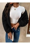 Kadın Peluş Crop Fitted Kapşonlu Zip Fermuarlı Polar Hırka Sweatshirt