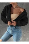 Kadın Peluş Crop Fitted Kapşonlu Zip Fermuarlı Polar Hırka Sweatshirt