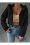 Kadın Peluş Crop Fitted Kapşonlu Zip Fermuarlı Polar Hırka Sweatshirt