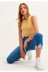 Kadın Sarı Fitilli T-shirt Halter Yaka Örme Atlet