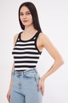 Kadın Siyah Beyaz Çizgili Fitilli Likralı T-shirt Halter Yaka Örme Atlet