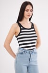 Kadın Siyah Beyaz Çizgili Fitilli Likralı T-shirt Halter Yaka Örme Atlet