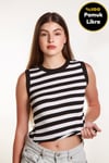 Kadın Siyah Beyaz Çizgili Fitilli Likralı Sıfır Kol Bisiklet Yaka Örme Atlet Tshirt Bluz