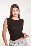 Kadın Siyah Fitilli Likralı Sıfır Kol Bisiklet Yaka Örme Atlet Tshirt Bluz