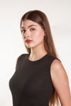 Kadın Siyah Fitilli Likralı Sıfır Kol Bisiklet Yaka Örme Atlet Tshirt Bluz