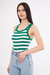 Kadın Yeşil Beyaz Çizgili Fitilli Likralı T-shirt Halter Yaka Örme Atlet